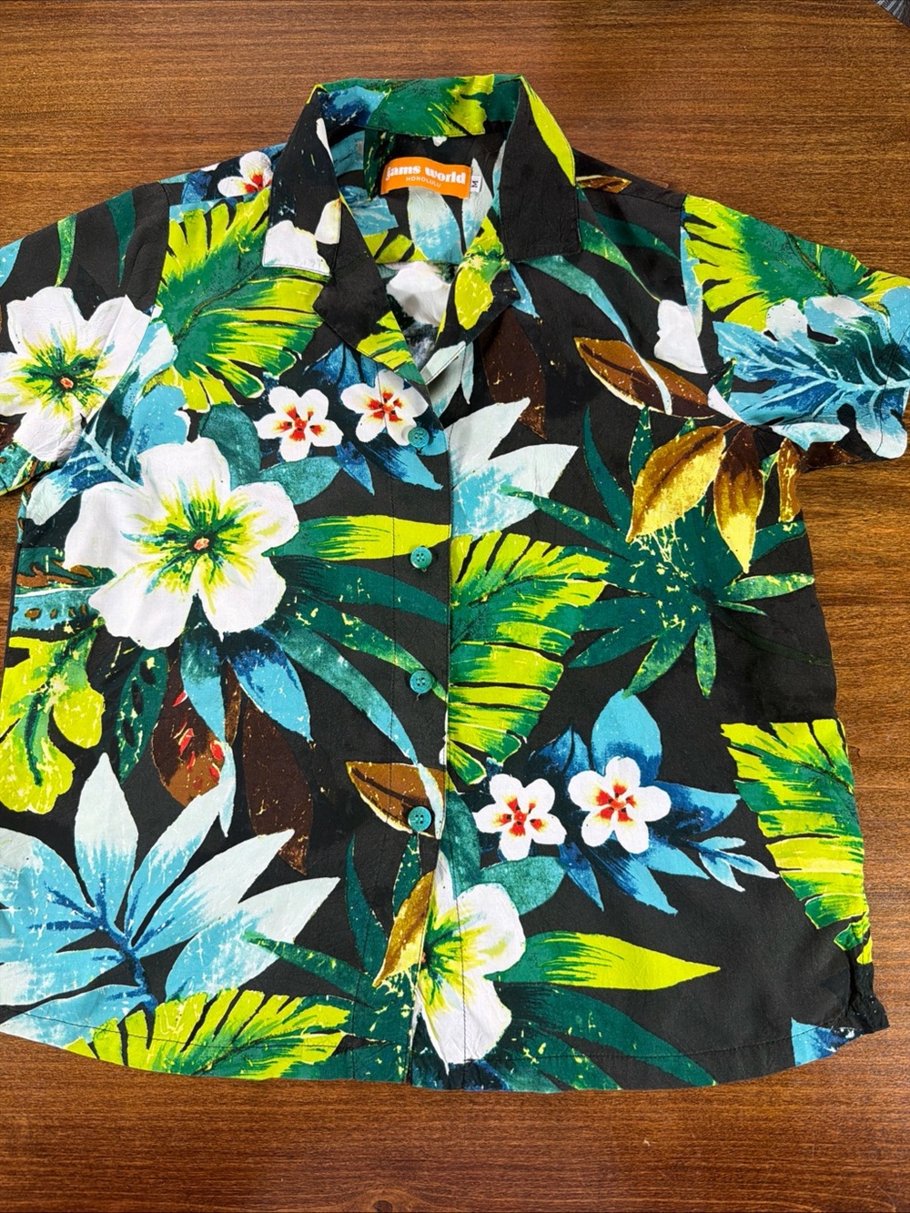 Jams World Black Tropical Floral Button-Down Shirt with Green & Blue Leaves